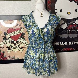 Robin K Blue & Green Floral Ruffle Tie-Neck Blouse